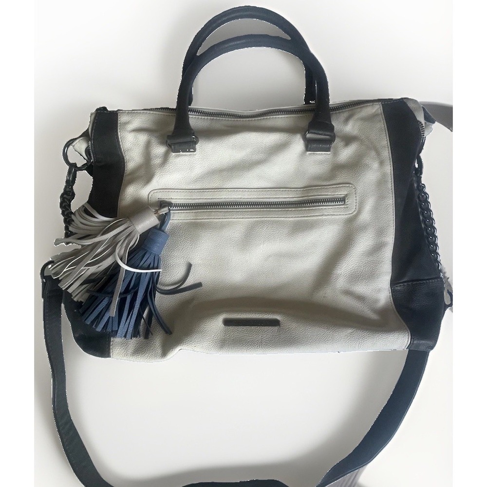 Steve Madden Cream Black Colorblock Tassel Tote Satchel Chain‎ Strap Large Purse